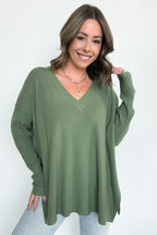 Light Olive / SM Sophie V-Neck Ribbed Hem Sweater - FINAL SALE - Madison and Mallory