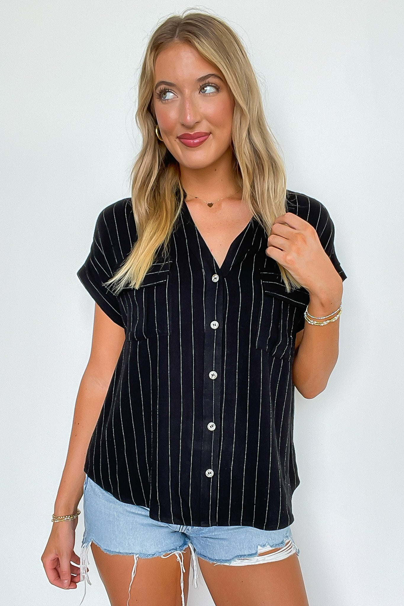 Sorry I'm Booked Pinstripe Dolman V-Neck Top - FINAL SALE - Madison and Mallory