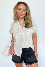 Natural / S Sorry I'm Booked Pinstripe Dolman V-Neck Top - FINAL SALE - Madison and Mallory