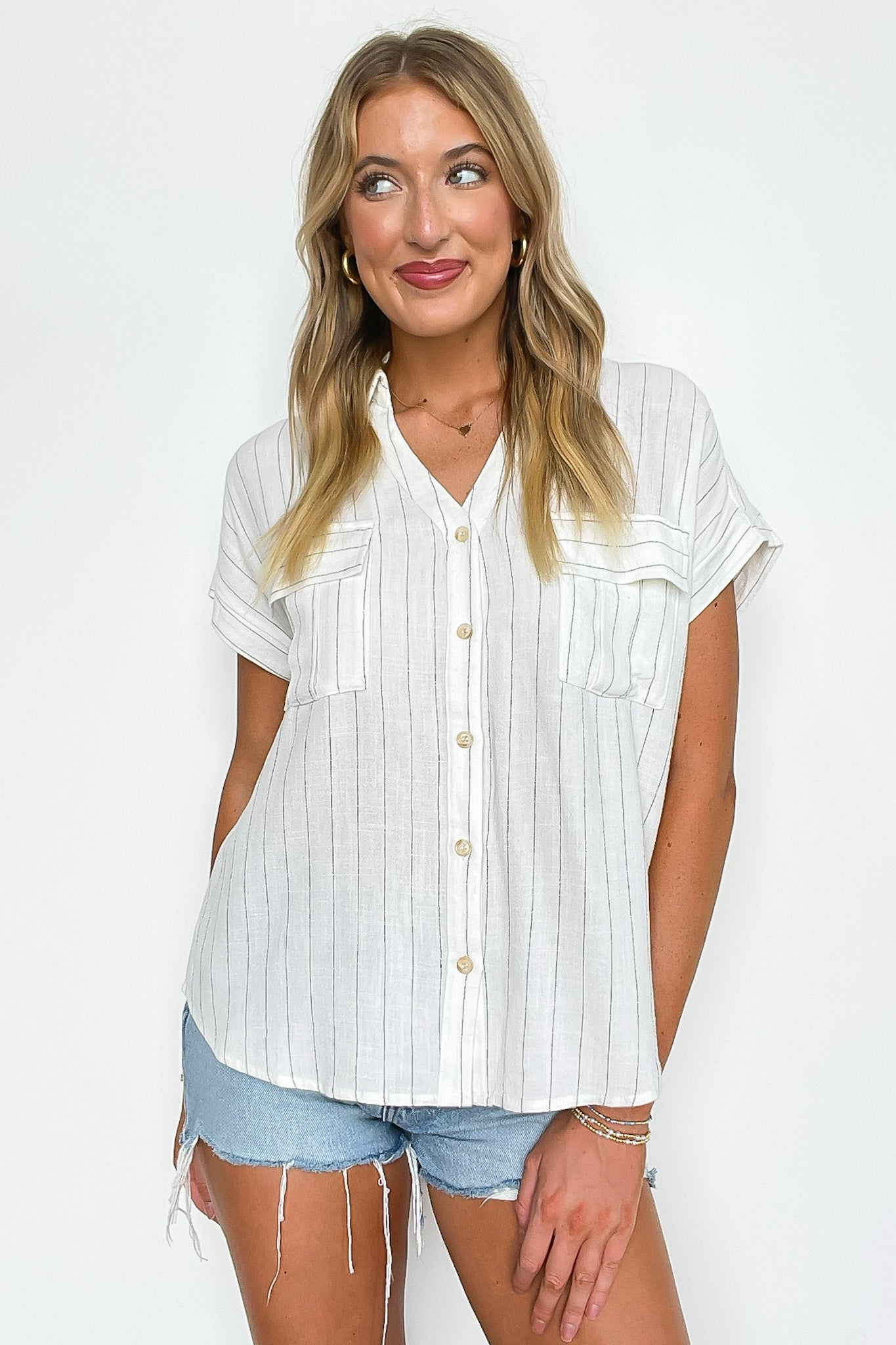 Sorry I'm Booked Pinstripe Dolman V-Neck Top - FINAL SALE - Madison and Mallory
