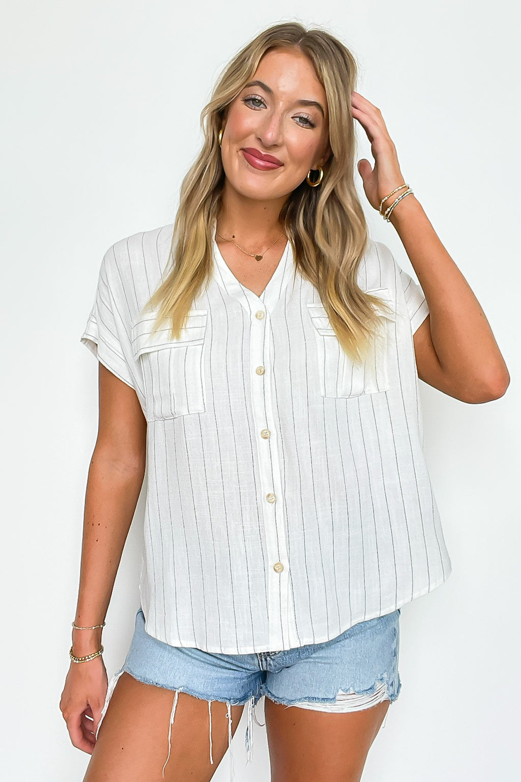 Sorry I'm Booked Pinstripe Dolman V-Neck Top - FINAL SALE - Madison and Mallory