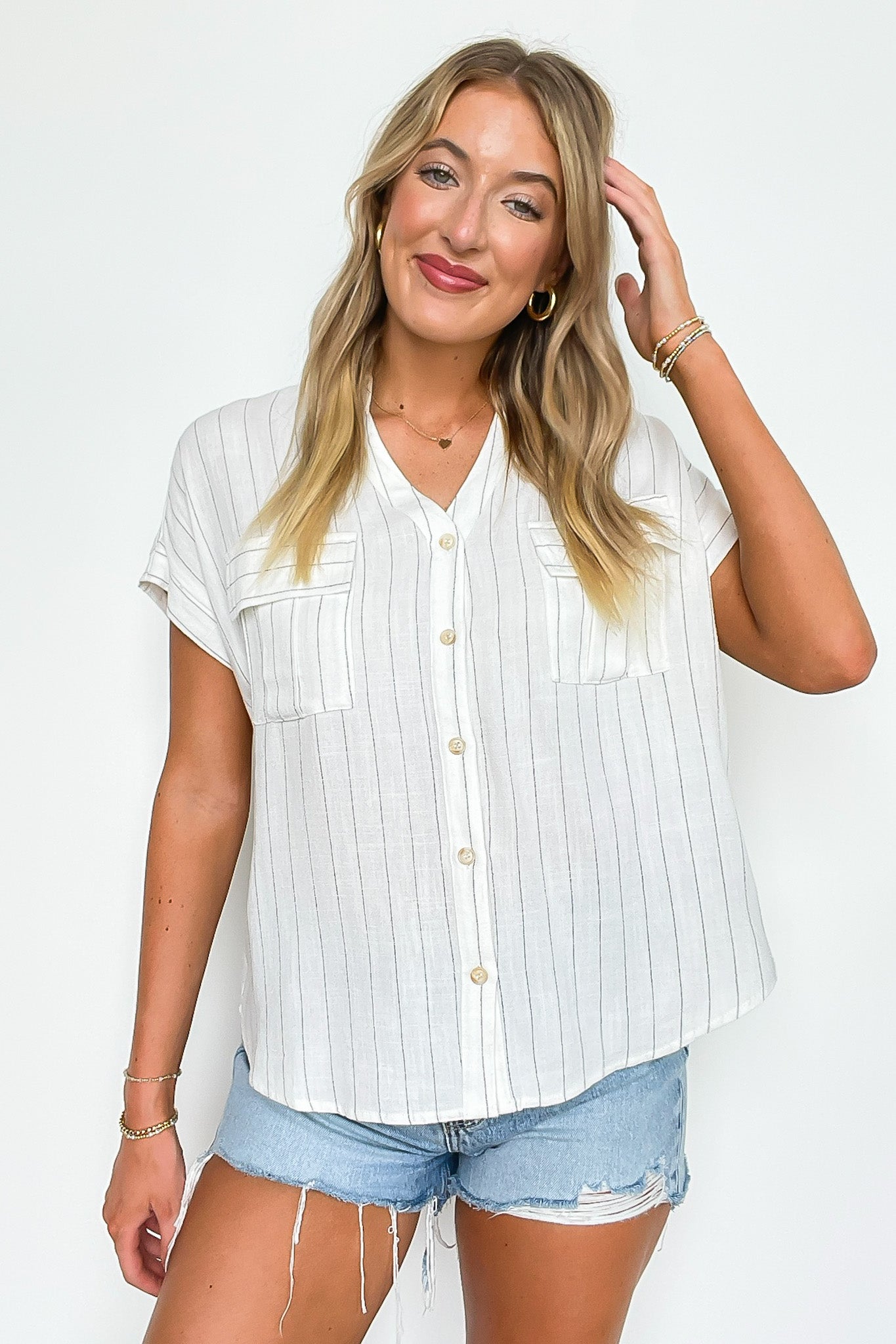 Sorry I'm Booked Pinstripe Dolman V-Neck Top - FINAL SALE - Madison and Mallory