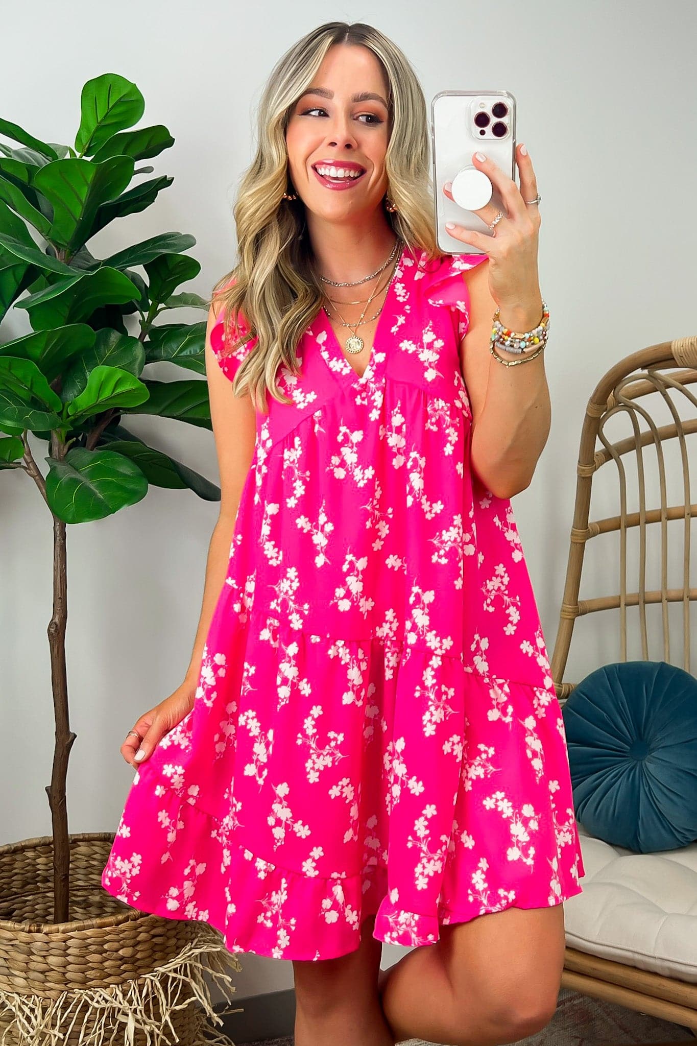 S / Fuchsia Spontaneous Sweetie Floral Ruffle Sleeve Tiered Dress - FINAL SALE - Madison and Mallory