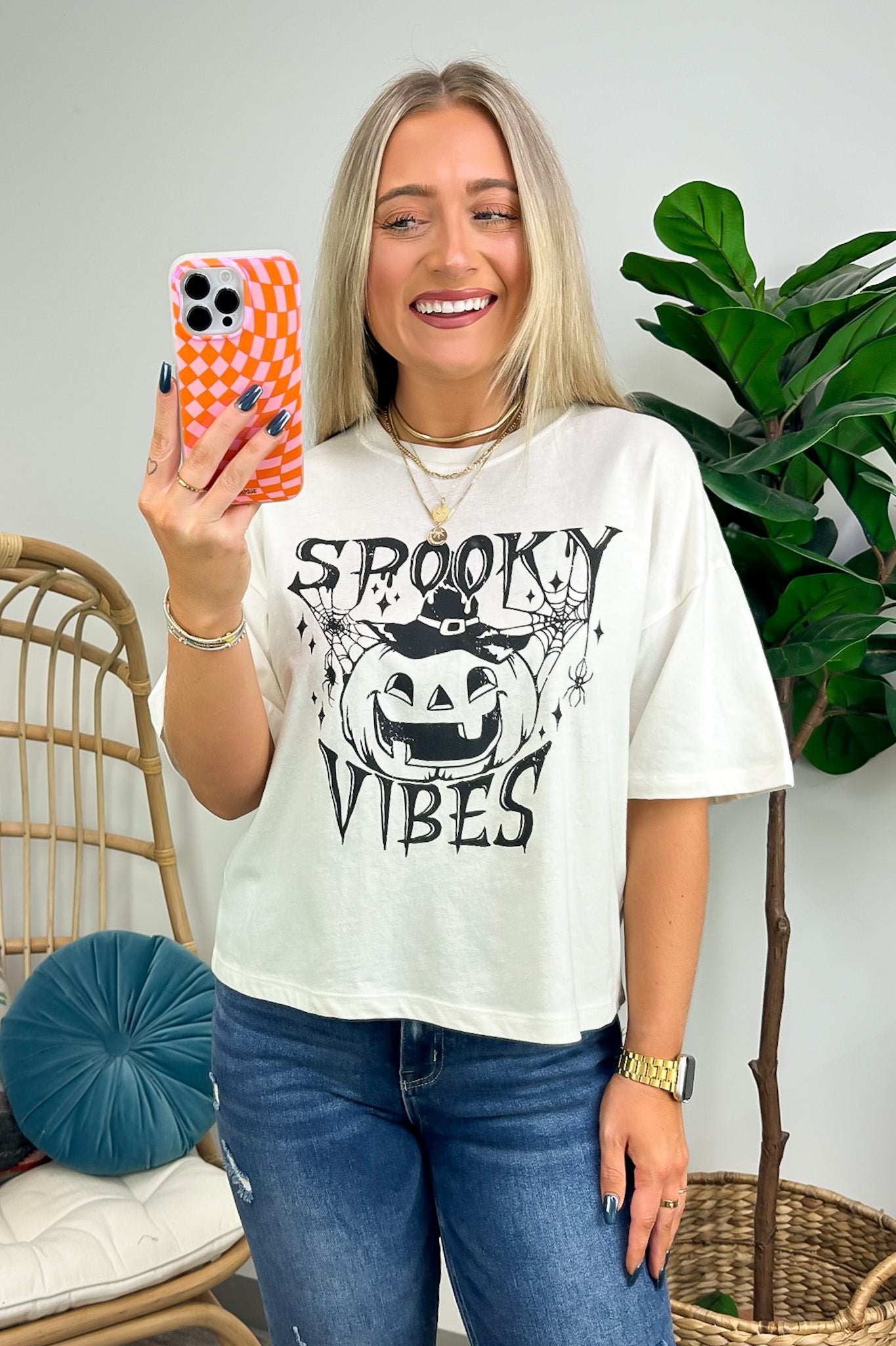 Vintage White / S Spooky Vibes Relaxed Cropped Graphic Tee - FINAL SALE - Madison and Mallory