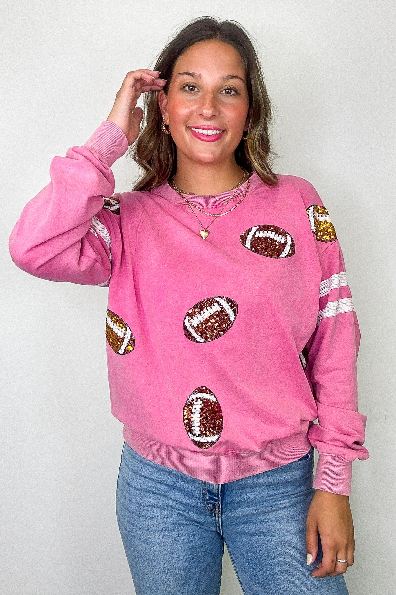 Pink / S Sports Queen Sequin Football Pullover - Madison and Mallory
