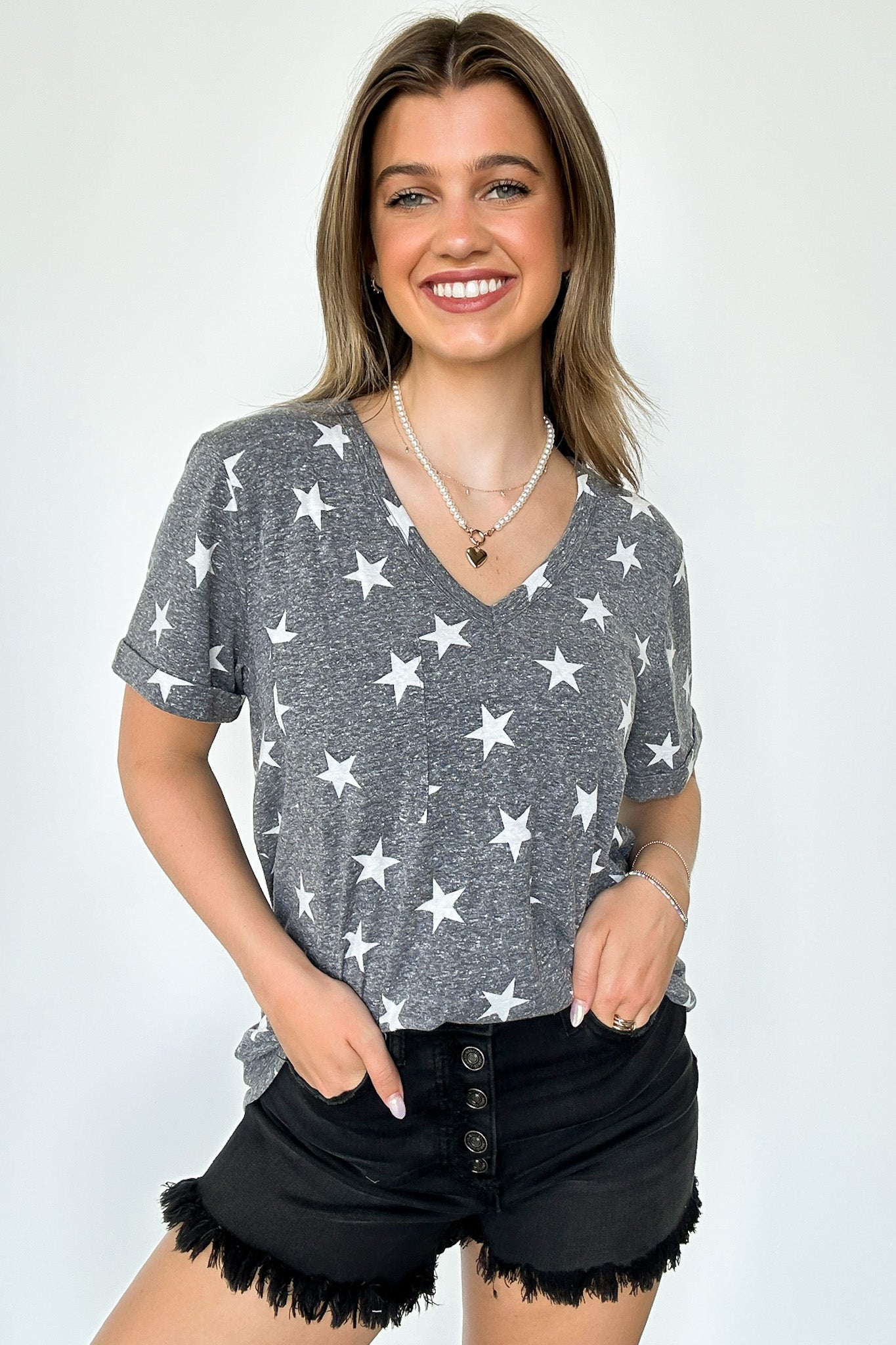 S / Black Star Spangled V-Neck Star Print Top - FINAL SALE - Madison and Mallory