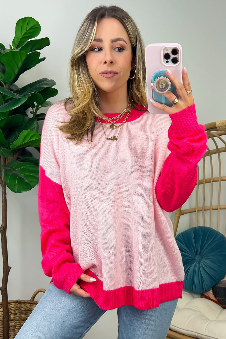 XS / Pink Starlis Color Block Oversized Sweater - Madison and Mallory