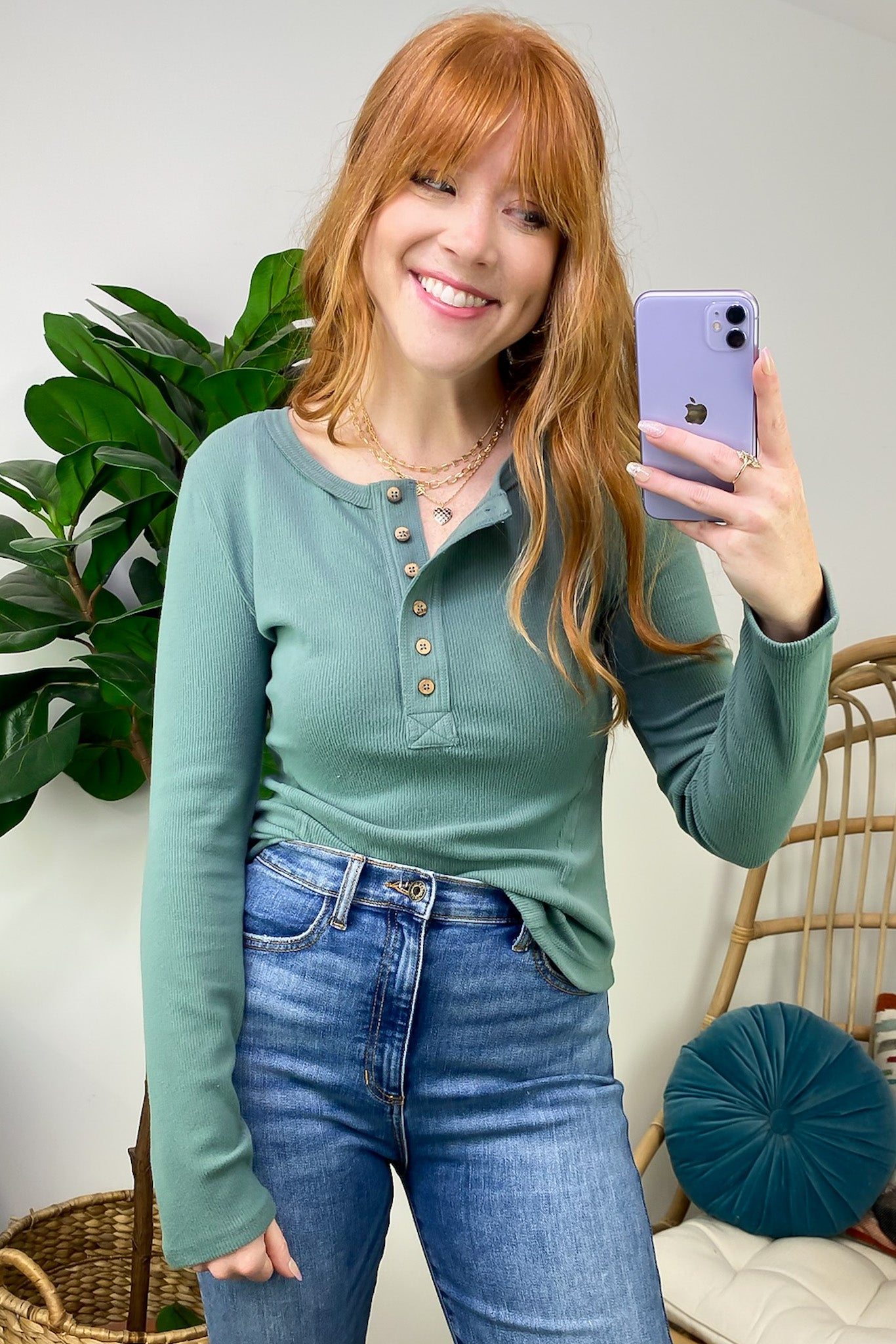 Sage / S Stellia Soft Brushed Knit Button Henley Top - FINAL SALE - Madison and Mallory