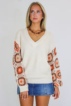 Stitched and Styled Square Crochet Sleeve V-Neck Sweater - Madison and Mallory