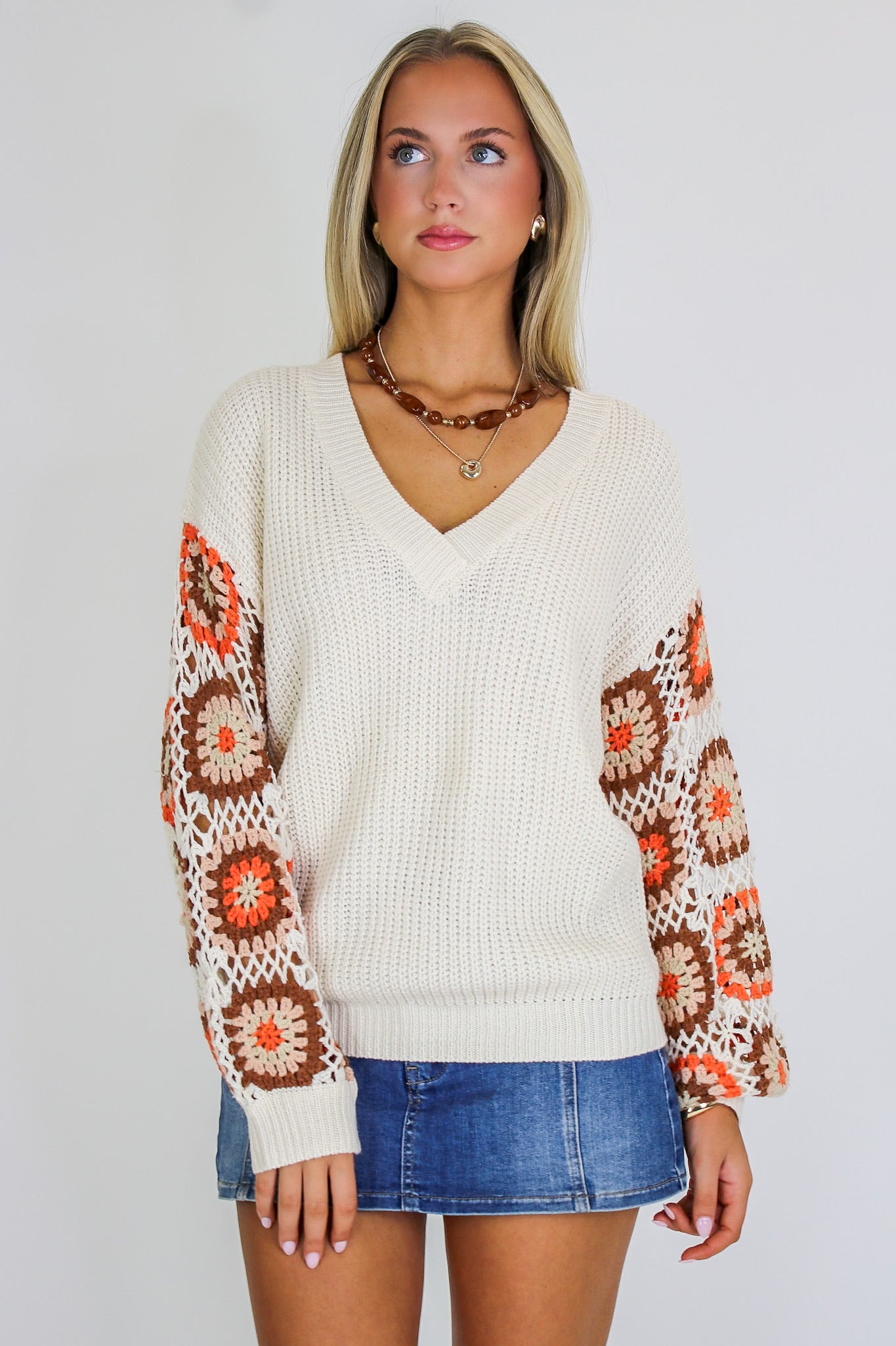 Stitched and Styled Square Crochet Sleeve V-Neck Sweater