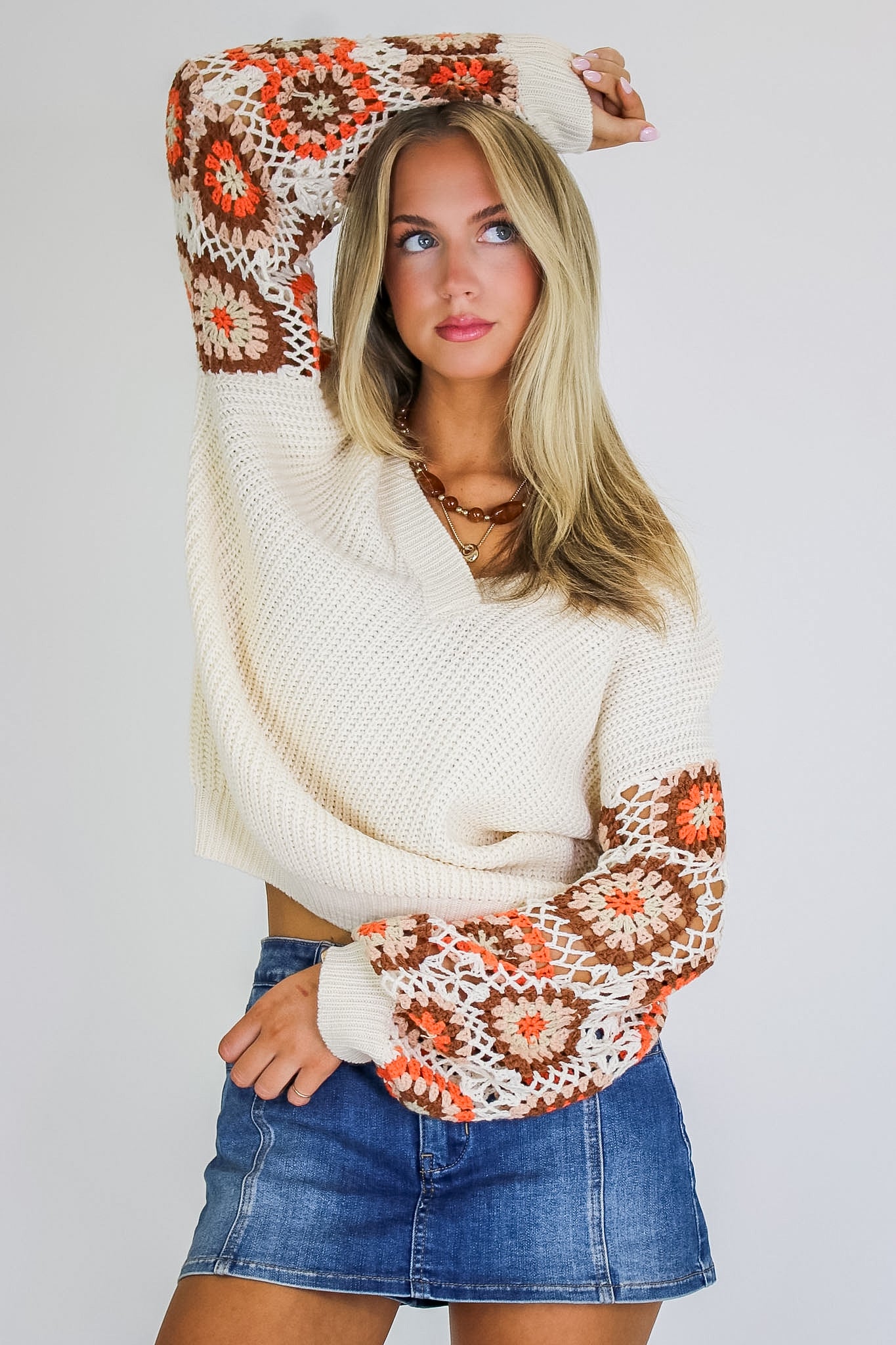 Stitched and Styled Square Crochet Sleeve V-Neck Sweater