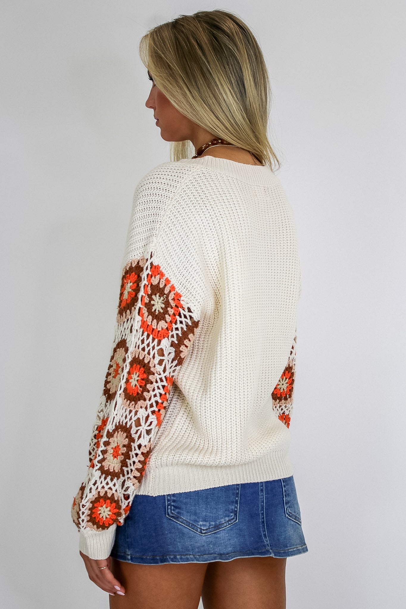 Stitched and Styled Square Crochet Sleeve V-Neck Sweater
