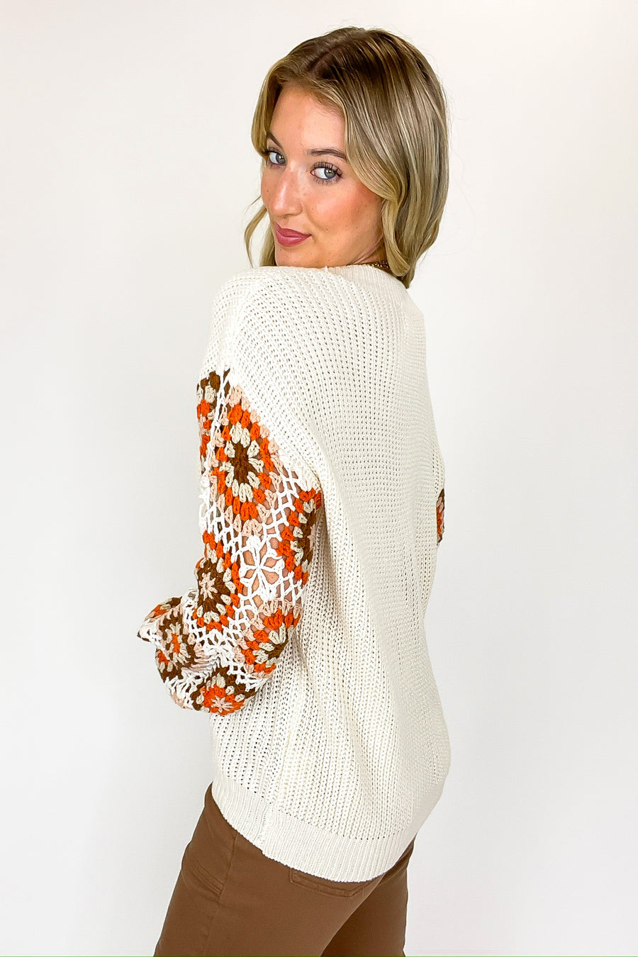 Stitched and Styled Granny Square Crochet Sleeve V-Neck Sweater - Madison and Mallory