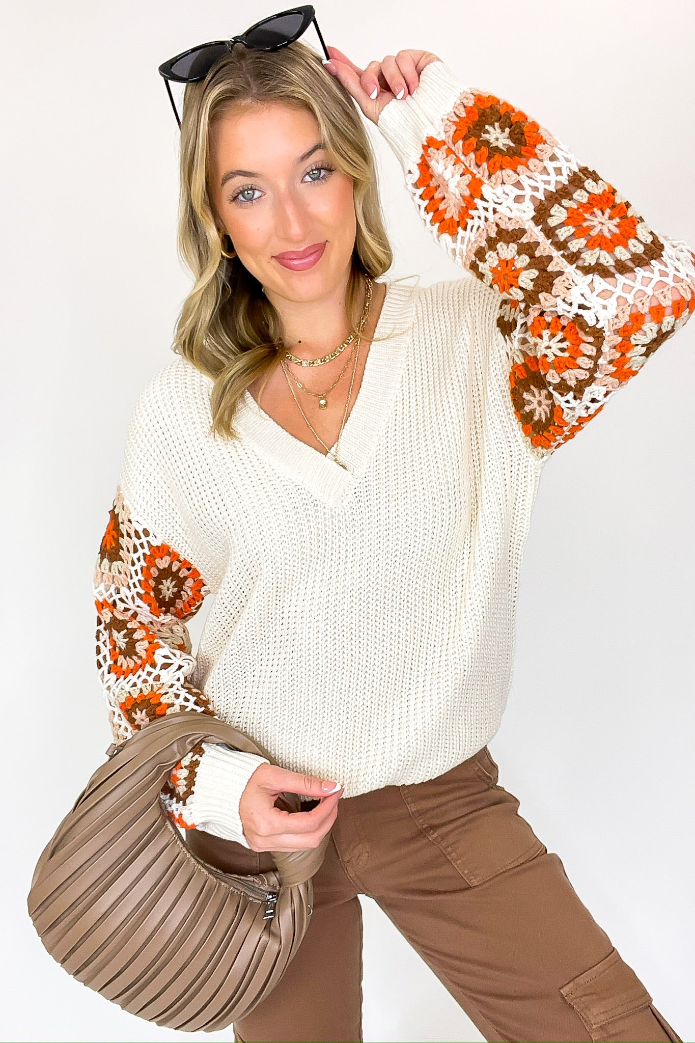 Stitched and Styled Granny Square Crochet Sleeve V-Neck Sweater - Madison and Mallory