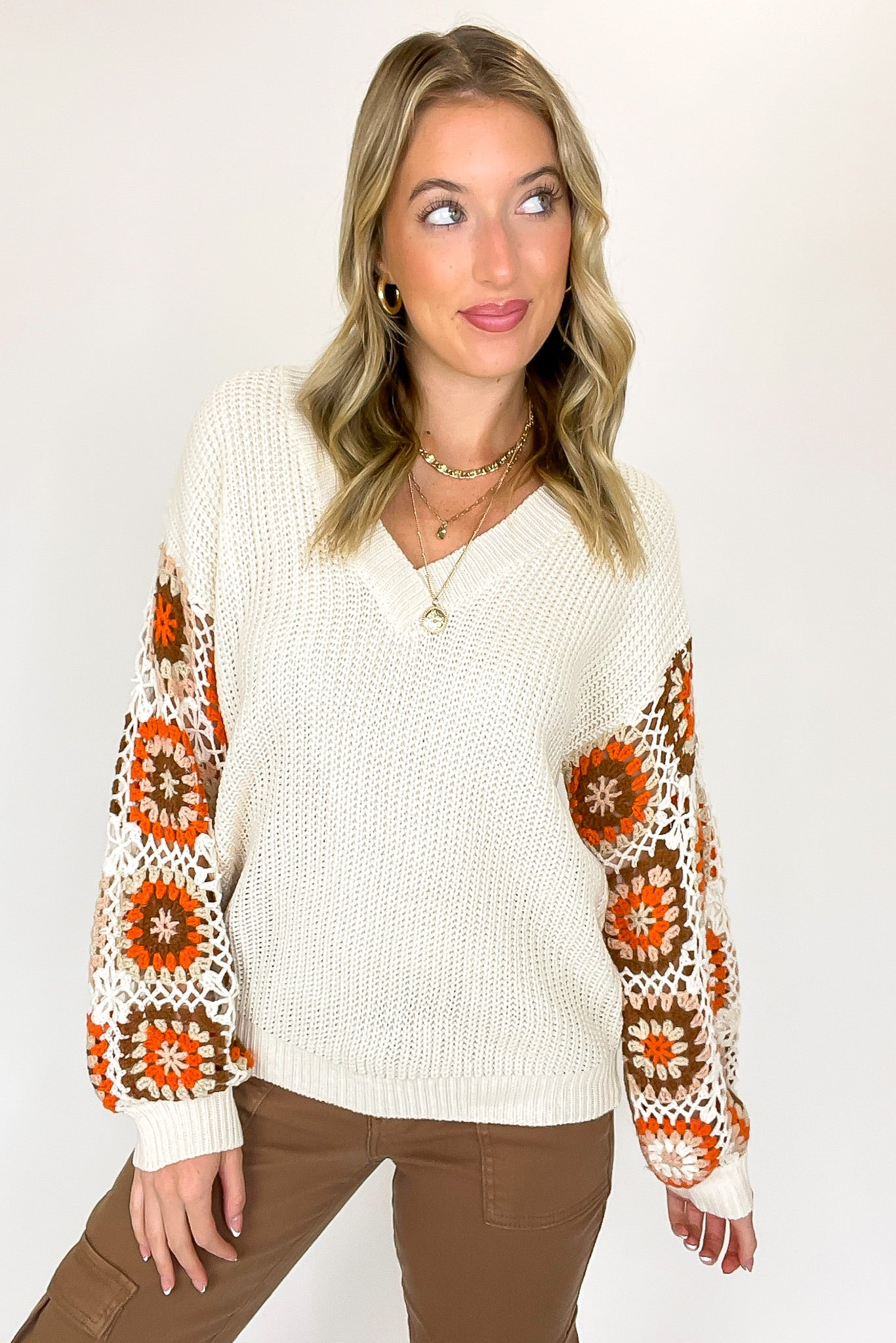 S / Oatmeal Stitched and Styled Granny Square Crochet Sleeve V-Neck Sweater - Madison and Mallory