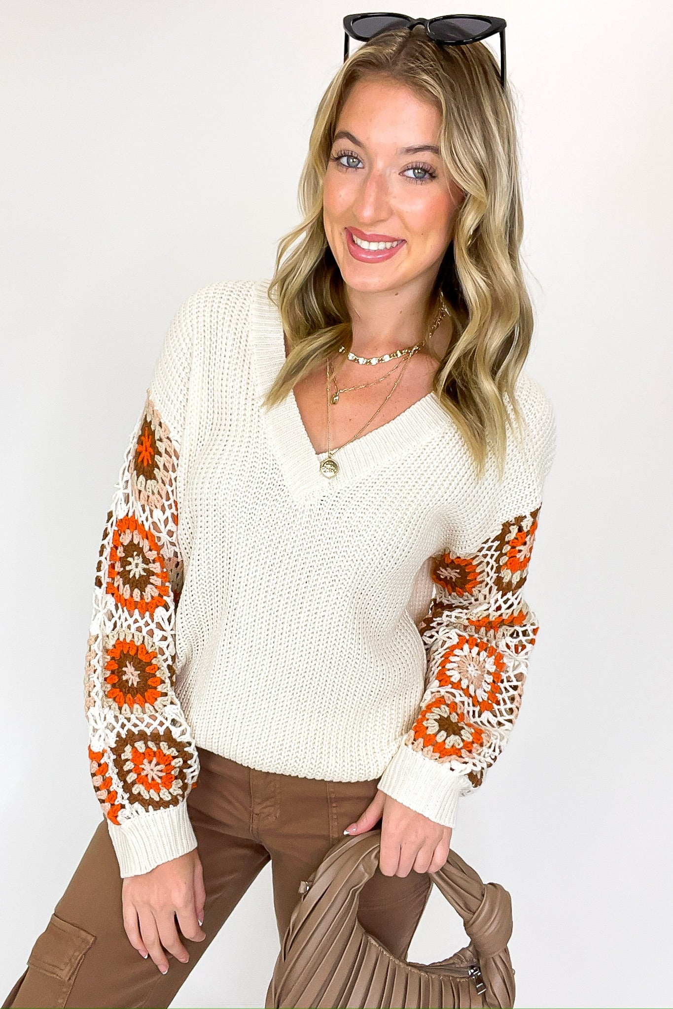 Stitched and Styled Granny Square Crochet Sleeve V-Neck Sweater - Madison and Mallory