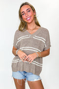 Taupe / SM Strata Luxe Striped V-Neck Knit Top - Madison and Mallory