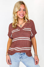 Terracotta / SM Strata Luxe Striped V-Neck Knit Top - Madison and Mallory