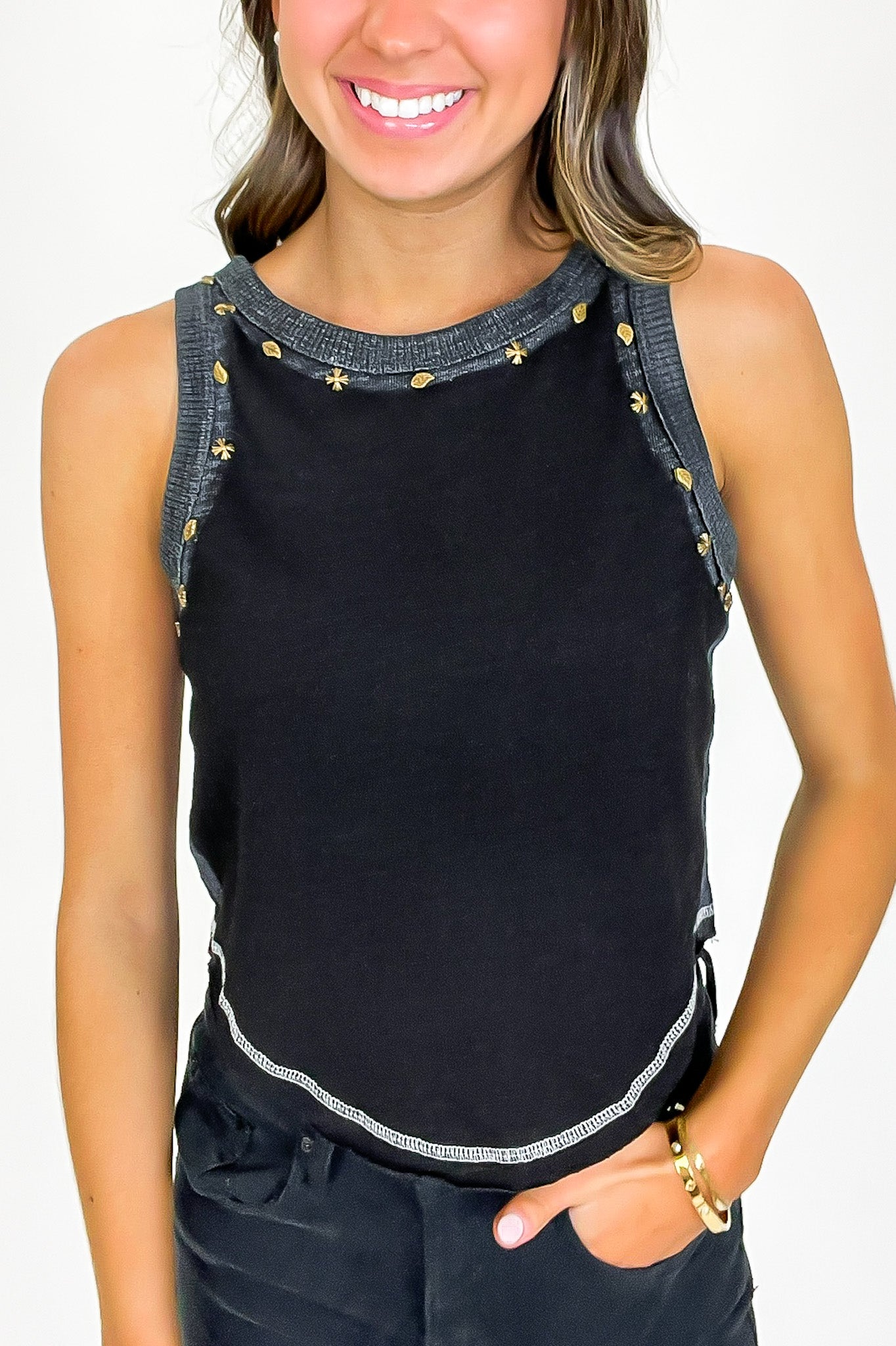 S / Black Streetlight Studded Detail Tank Top - FINAL SALE - Madison and Mallory