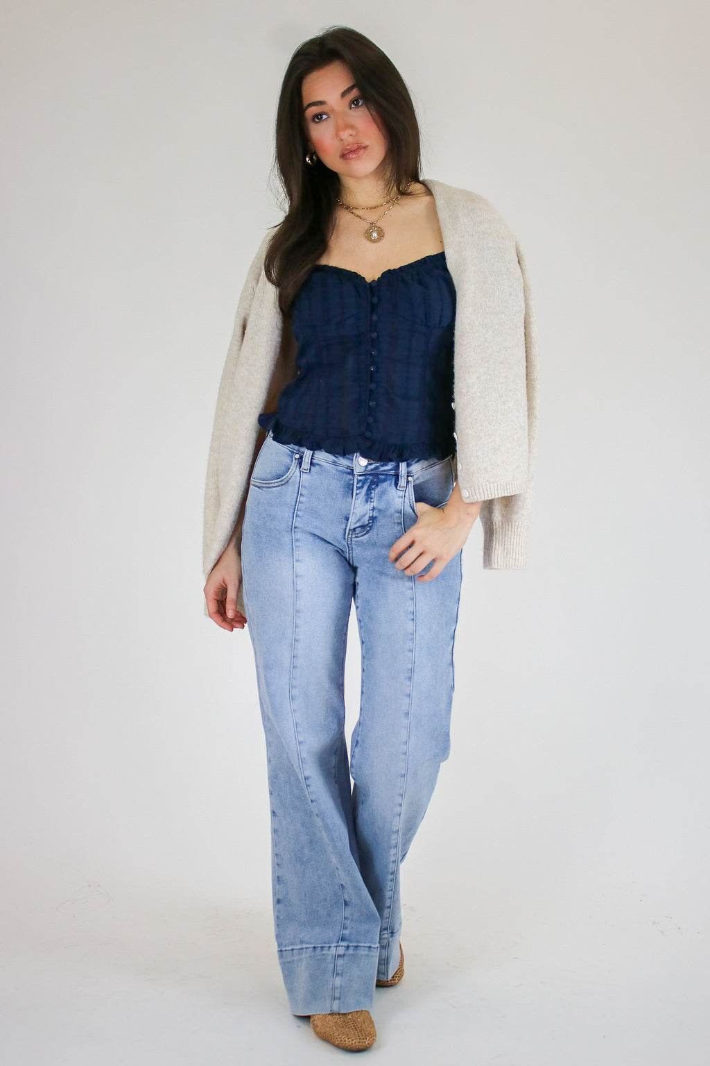 Stripe & Frill Ruffle Trim Button Top