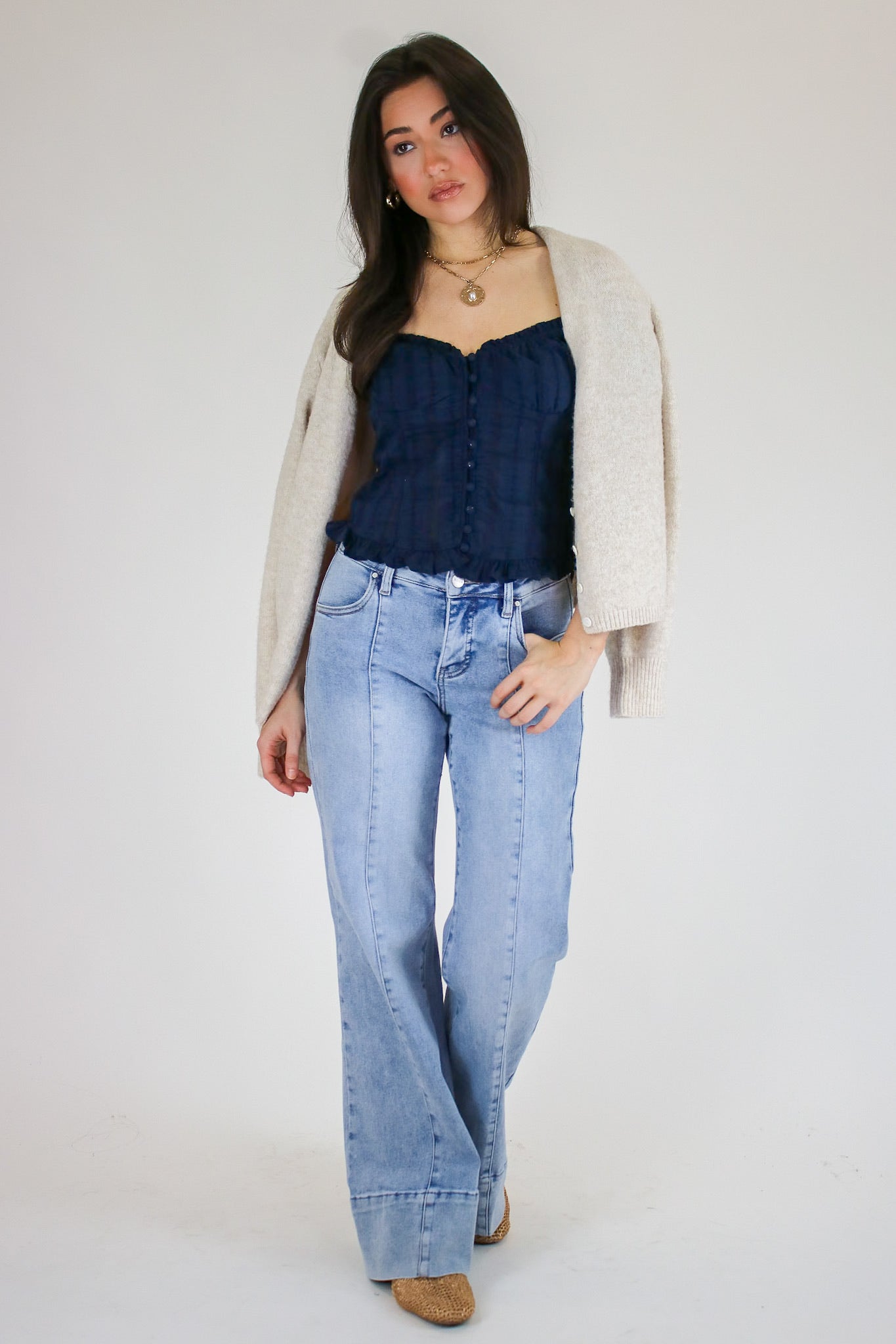 Stripe & Frill Ruffle Trim Button Top