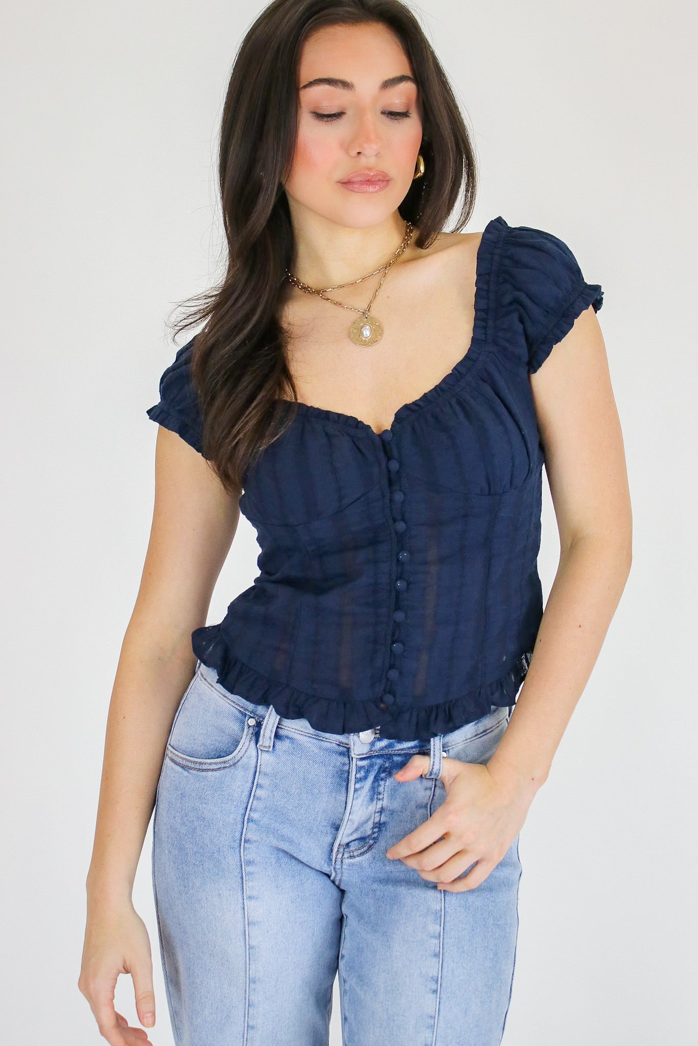 Stripe & Frill Ruffle Trim Button Top