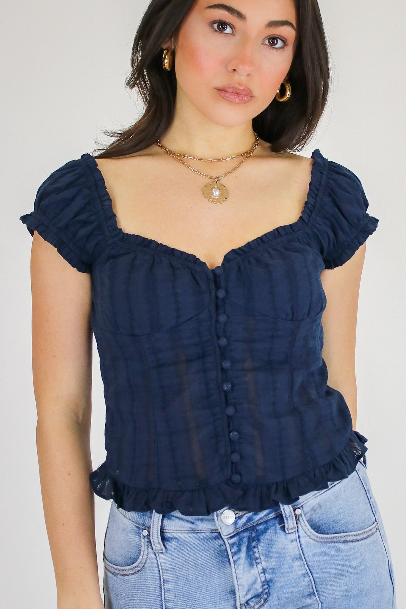 Stripe & Frill Ruffle Trim Button Top