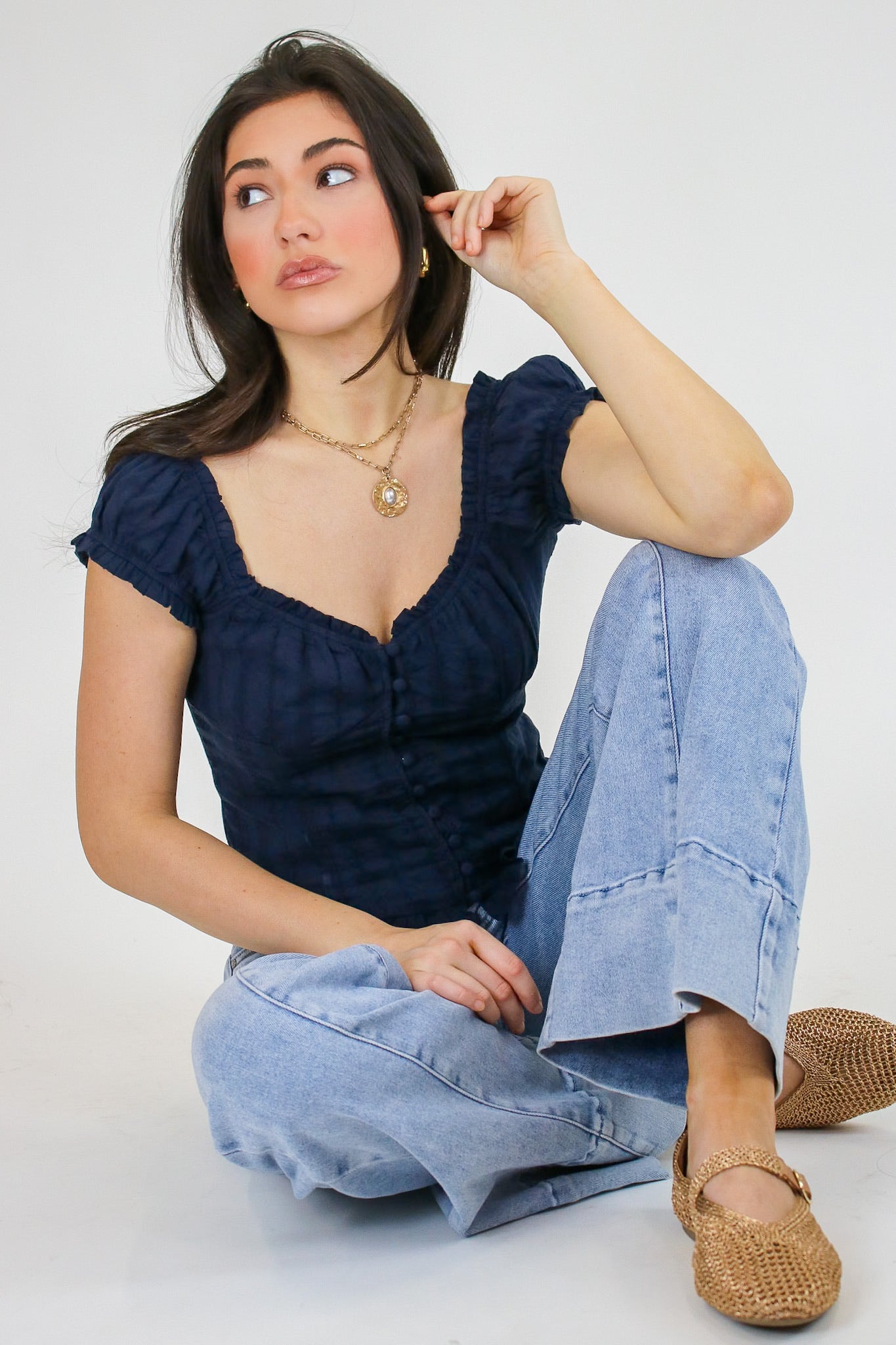 Stripe & Frill Ruffle Trim Button Top