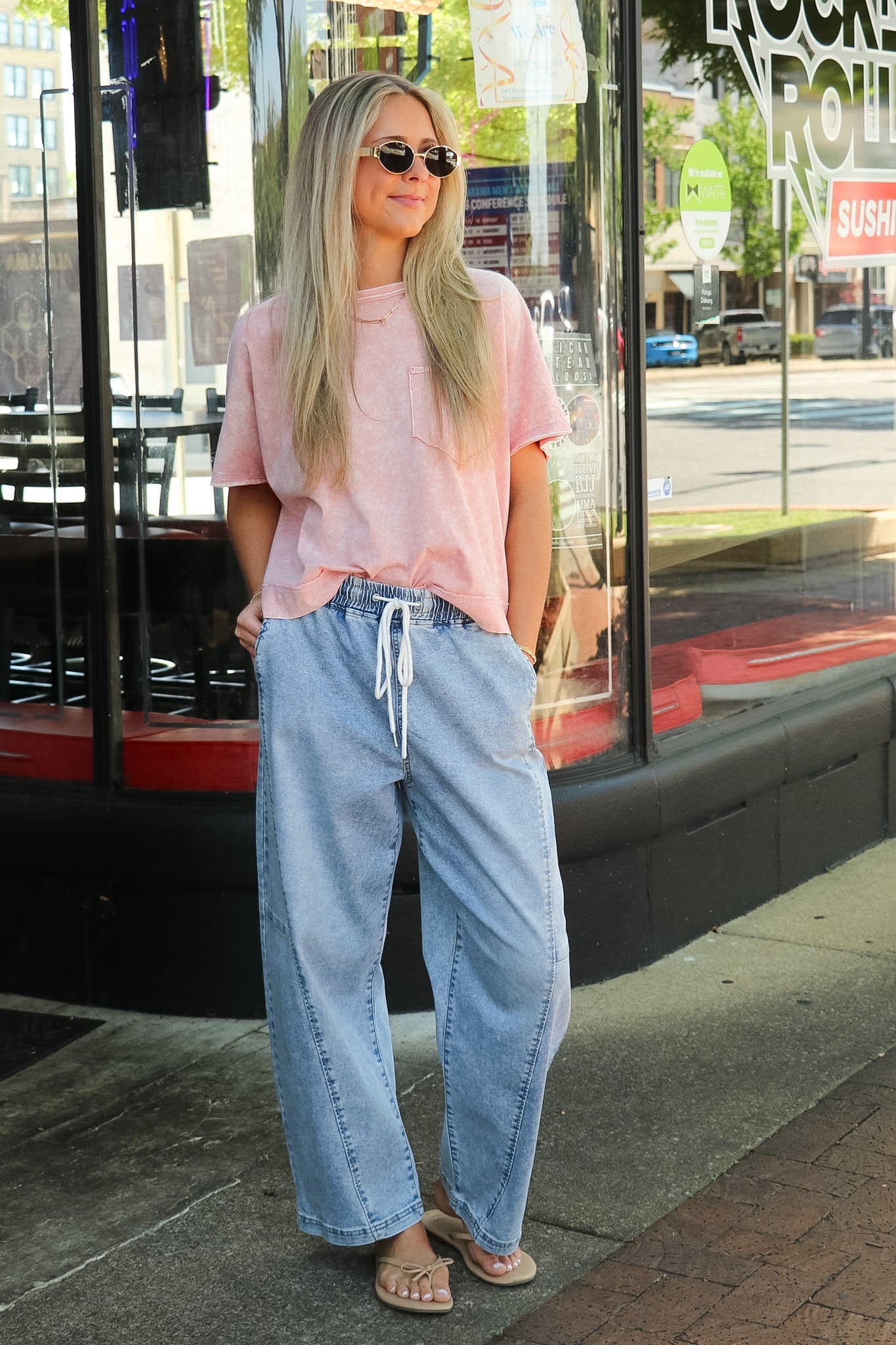 Structure Seam Elastic Waist Relaxed Barrel Jeans - Madison and Mallory