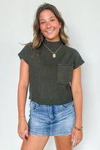 Forest Green / S Studio Mock Neck Front Pocket Knit Top - FINAL SALE - Madison and Mallory
