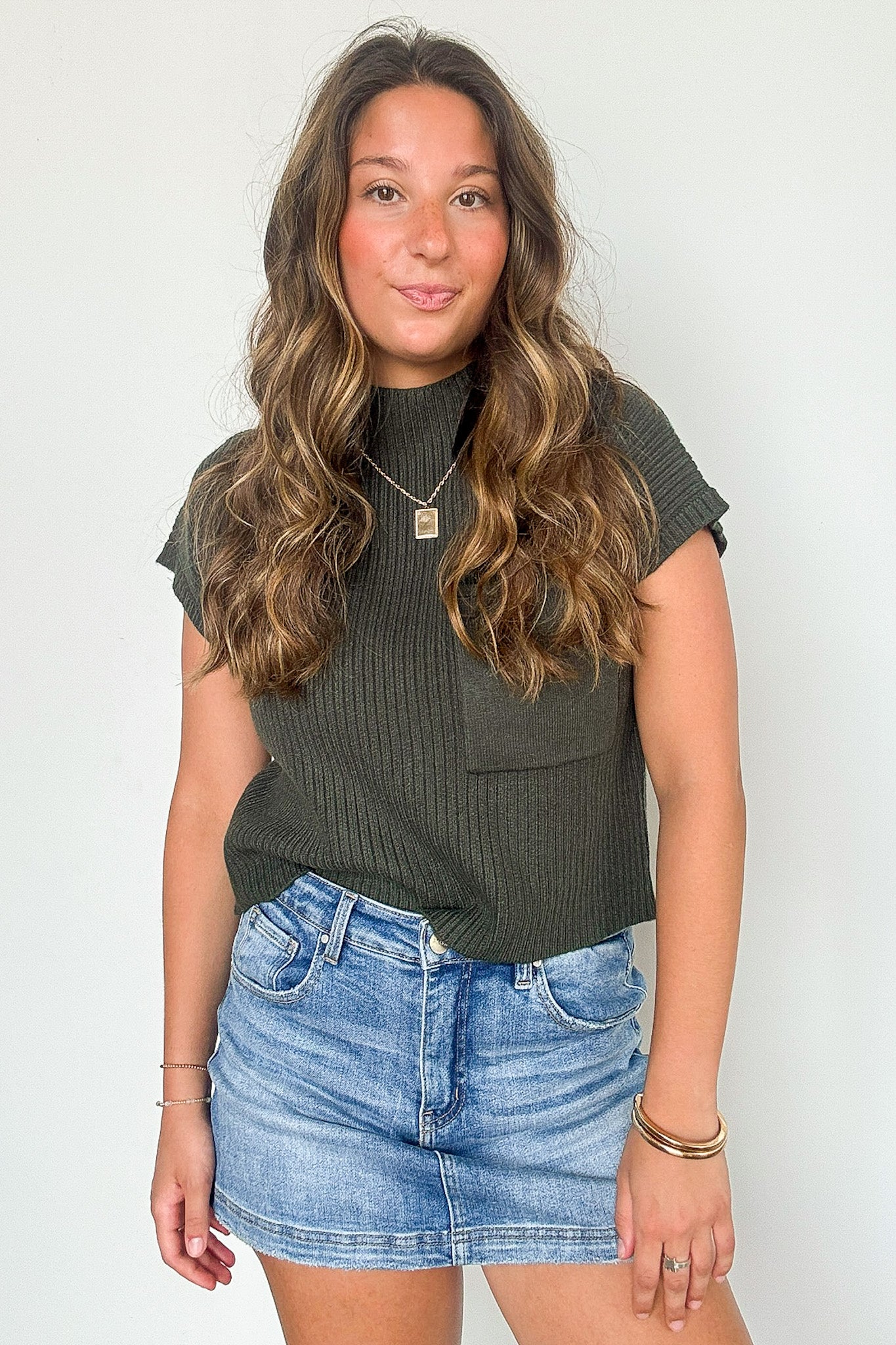 Studio Mock Neck Front Pocket Knit Top - Madison and Mallory