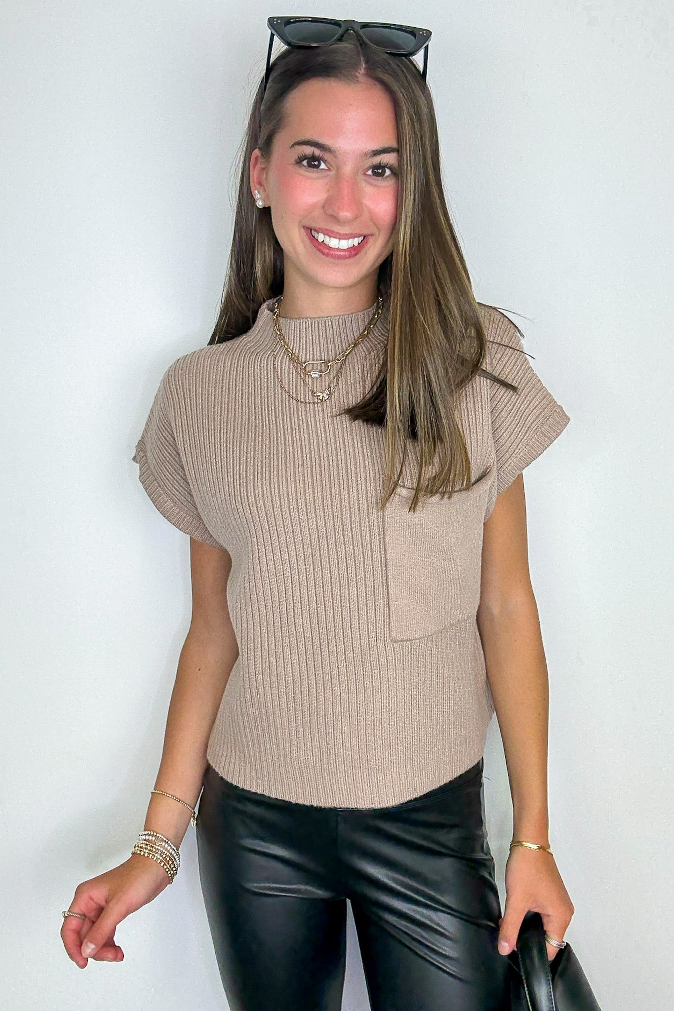Studio Mock Neck Front Pocket Knit Top - Madison and Mallory