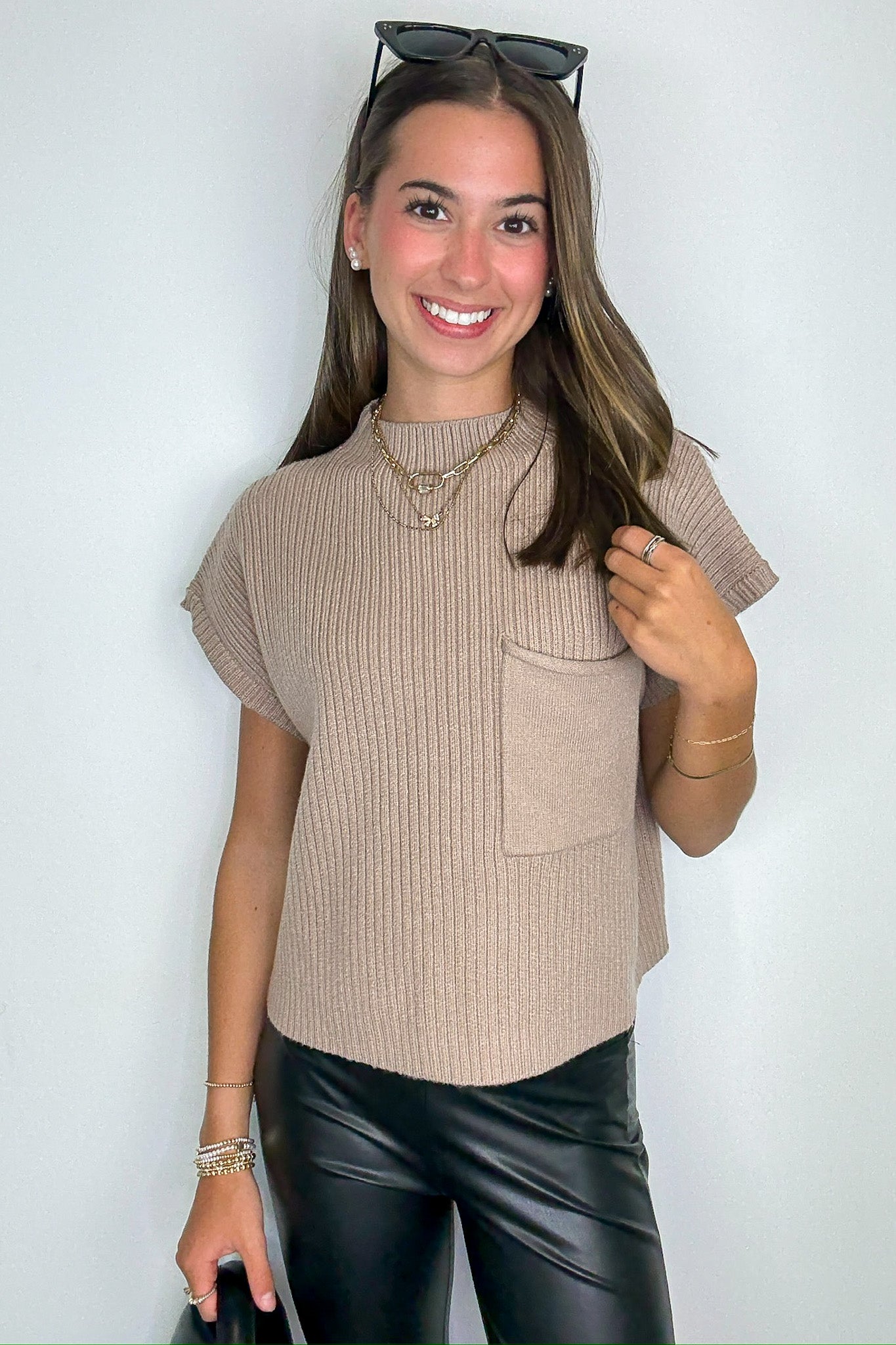 Studio Mock Neck Front Pocket Knit Top - Madison and Mallory