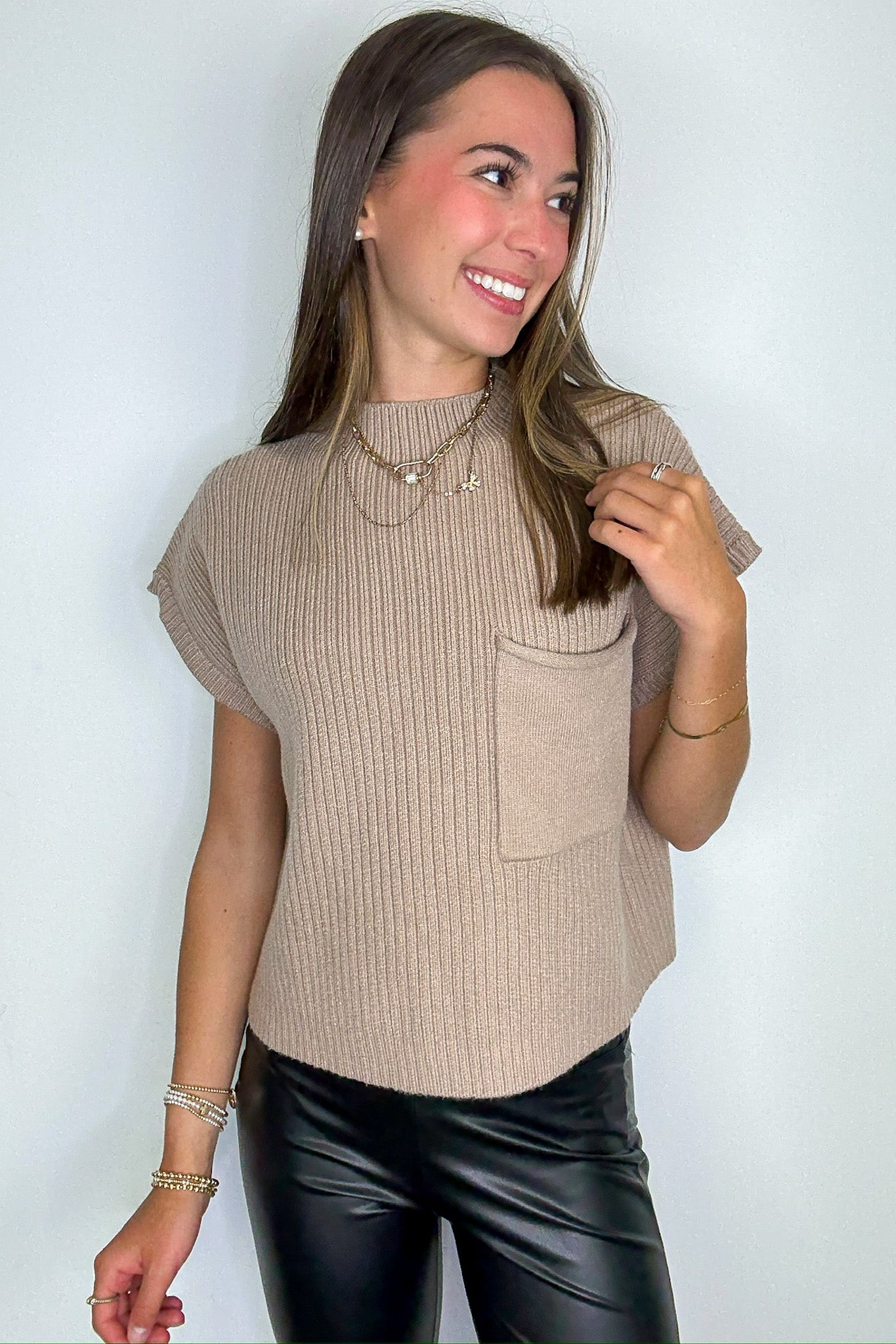 Studio Mock Neck Front Pocket Knit Top - Madison and Mallory