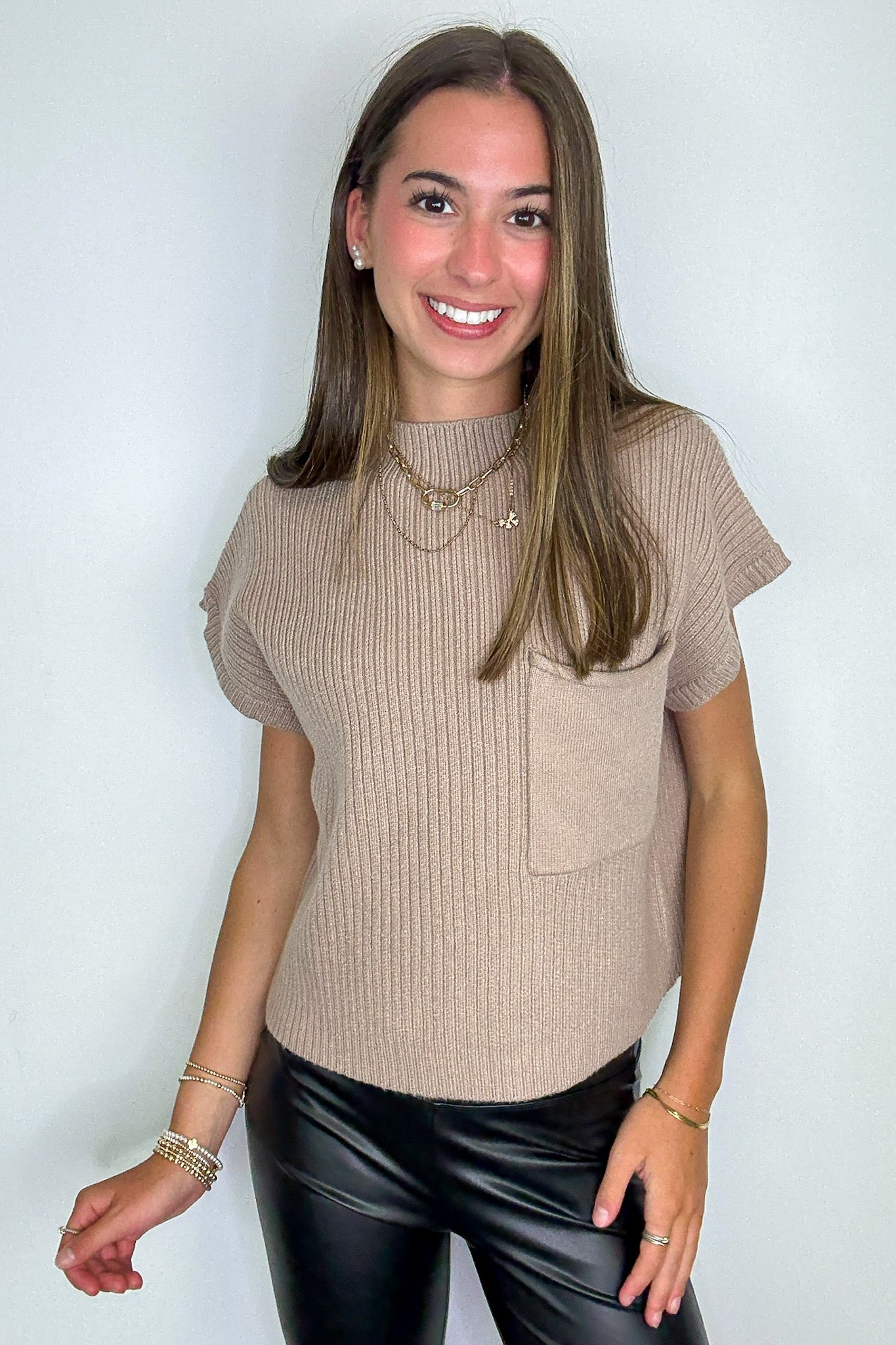 Light Taupe / S Studio Mock Neck Front Pocket Knit Top - Madison and Mallory