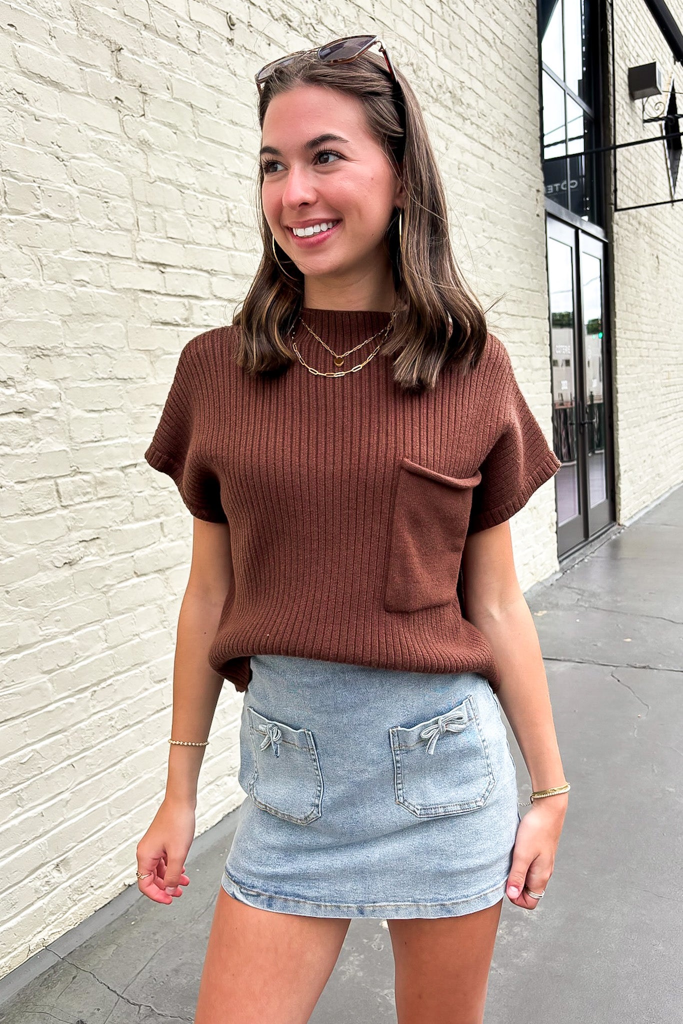 Studio Mock Neck Front Pocket Knit Top - Madison and Mallory