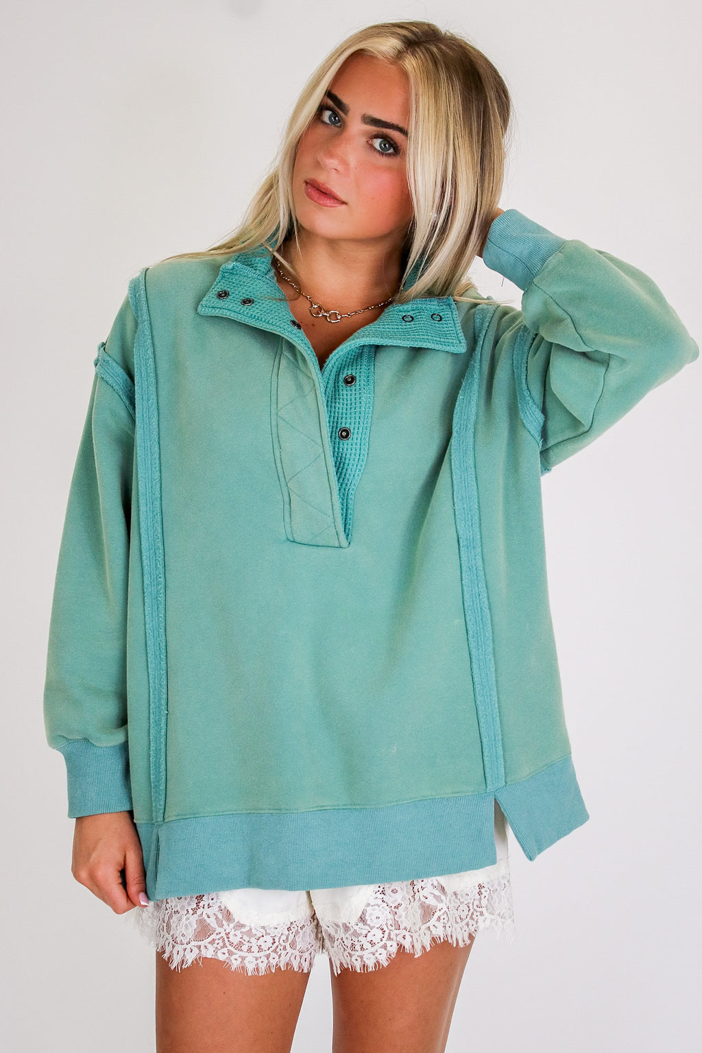 S / Sea Green Summit Comfort Thermal Placket Detail Sweatshirt - Madison and Mallory