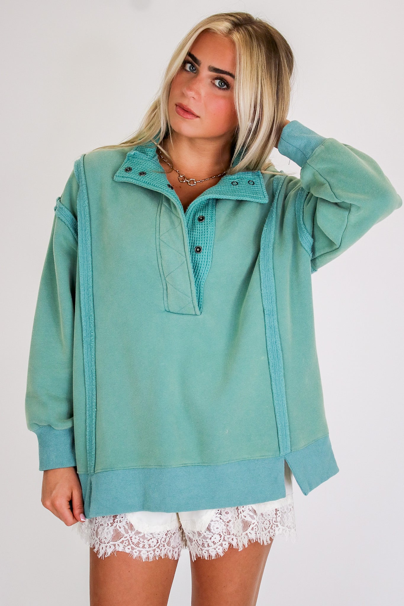 S / Sea Green Summit Comfort Thermal Placket Detail Sweatshirt - Madison and Mallory