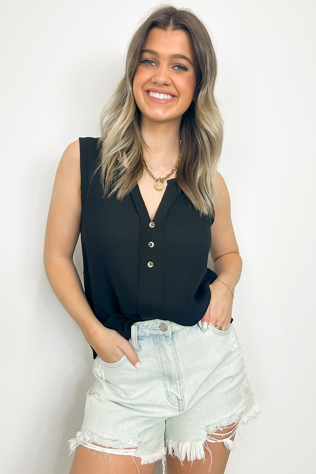 Black / S Sunny Poise Textured Button Detail Tank Top - FINAL SALE - Madison and Mallory