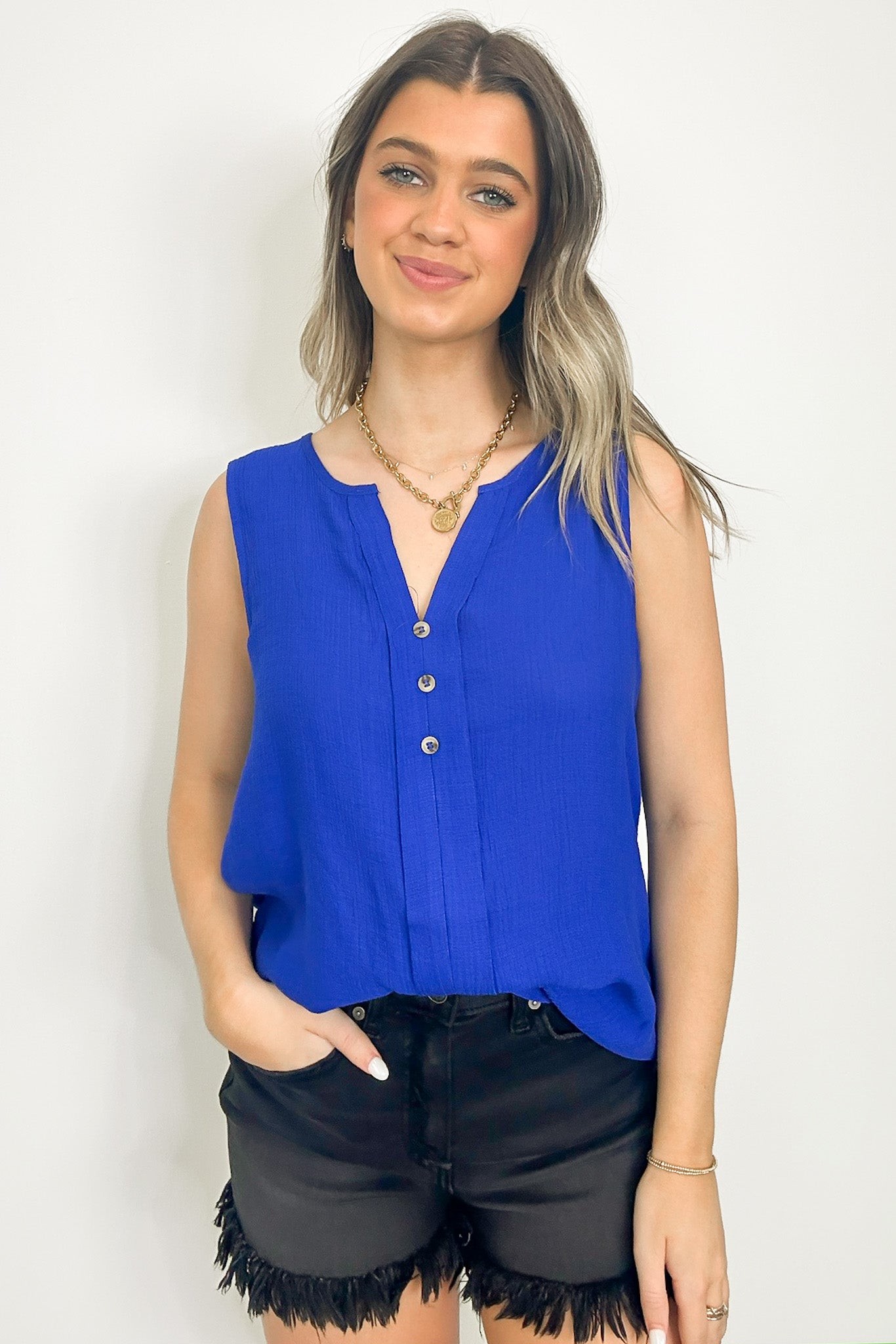 Royal Blue / S Sunny Poise Textured Button Detail Tank Top - Madison and Mallory