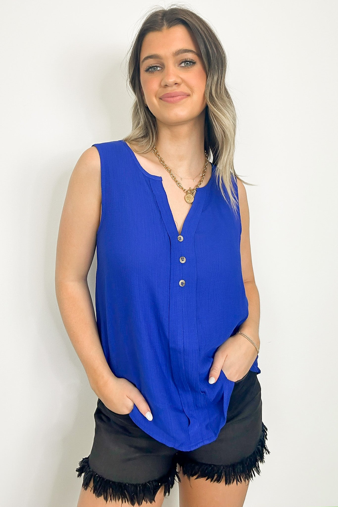  Sunny Poise Textured Button Detail Tank Top - FINAL SALE - Madison and Mallory