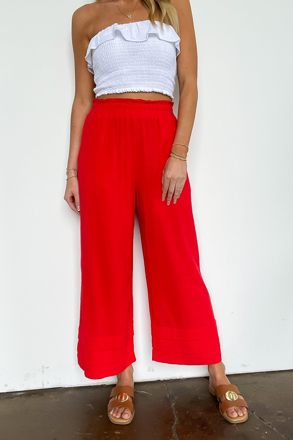 S / Poppy Red Sunset Sangria Elastic Waist Ruffle Ankle Pants - FINAL SALE - Madison and Mallory