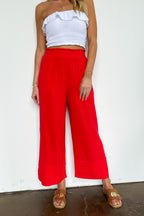 S / Poppy Red Sunset Sangria Elastic Waist Ruffle Ankle Pants - FINAL SALE - Madison and Mallory