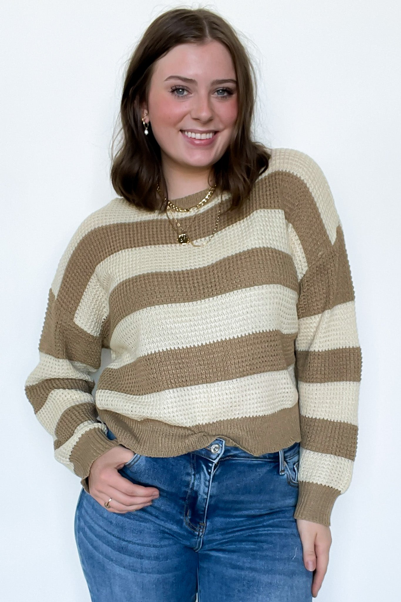 Khaki / S Sunset Stroll Super Soft Knit Striped Sweater - FINAL SALE - Madison and Mallory