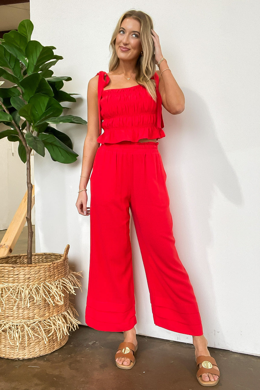 Sunset Sangria Elastic Waist Ruffle Ankle Pants - Madison and Mallory