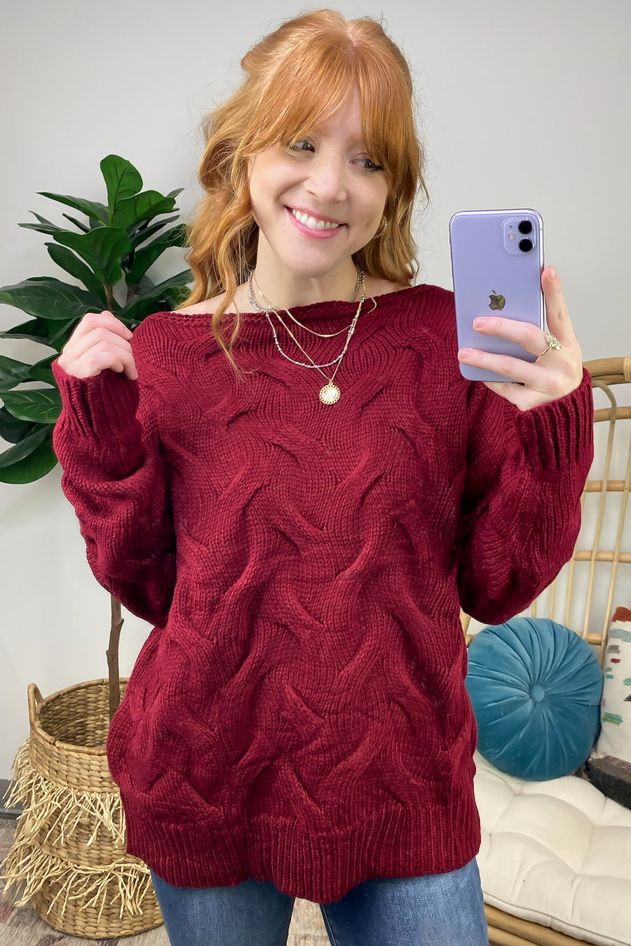 Burgundy / S Suriel Textured Cable Knit Boat Neck Sweater - Madison and Mallory