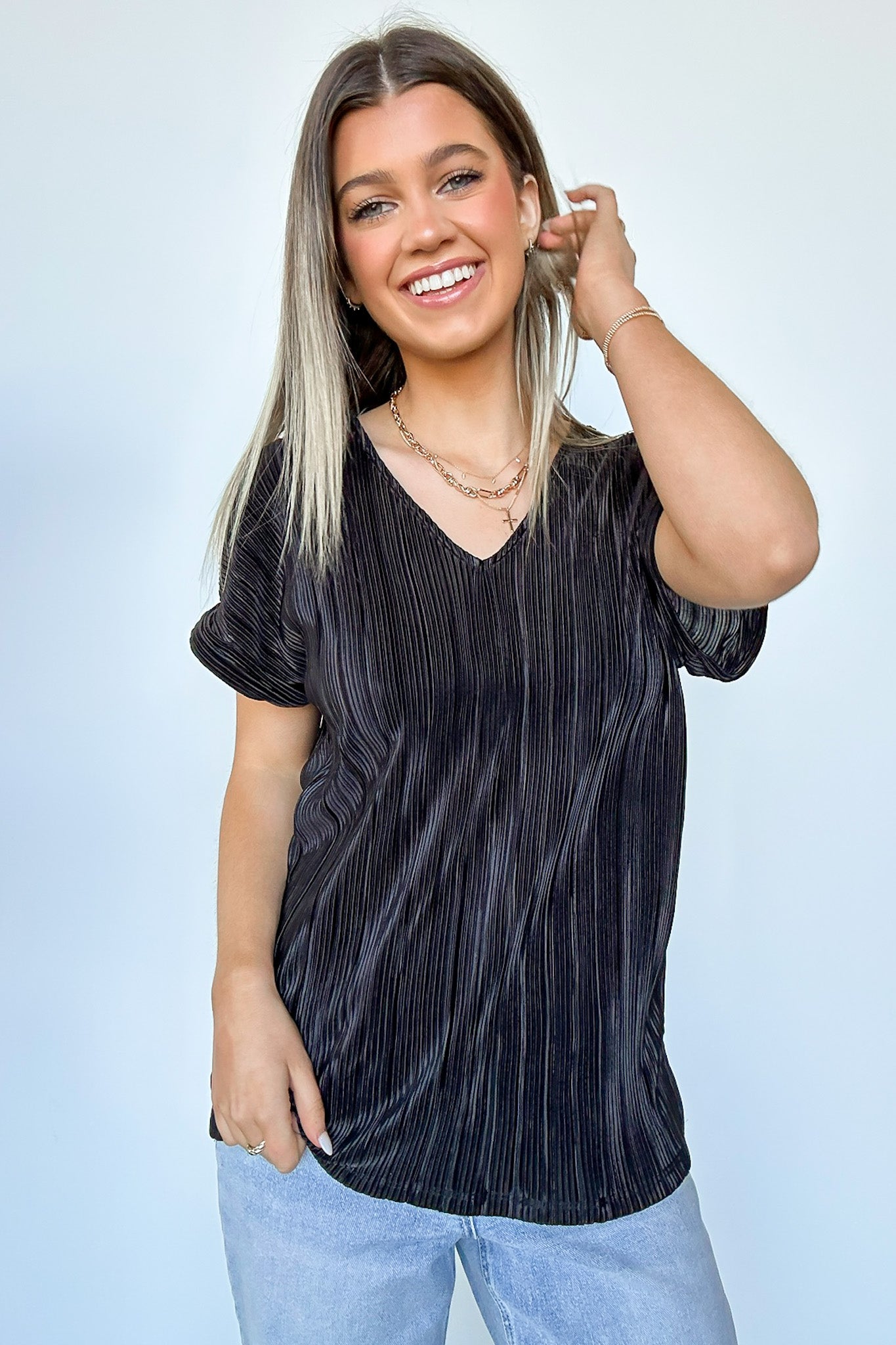 Black / S Sweet Ease Pleated V-Neck Top - FINAL SALE - Madison and Mallory