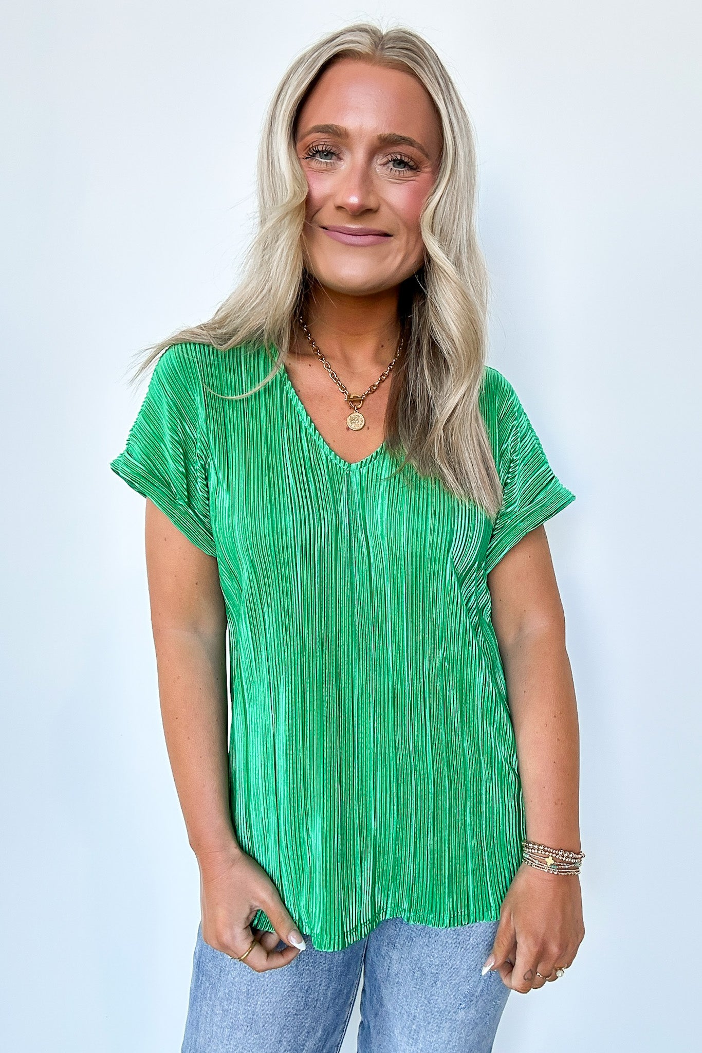 Emerald / S Sweet Ease Pleated V-Neck Top - FINAL SALE - Madison and Mallory