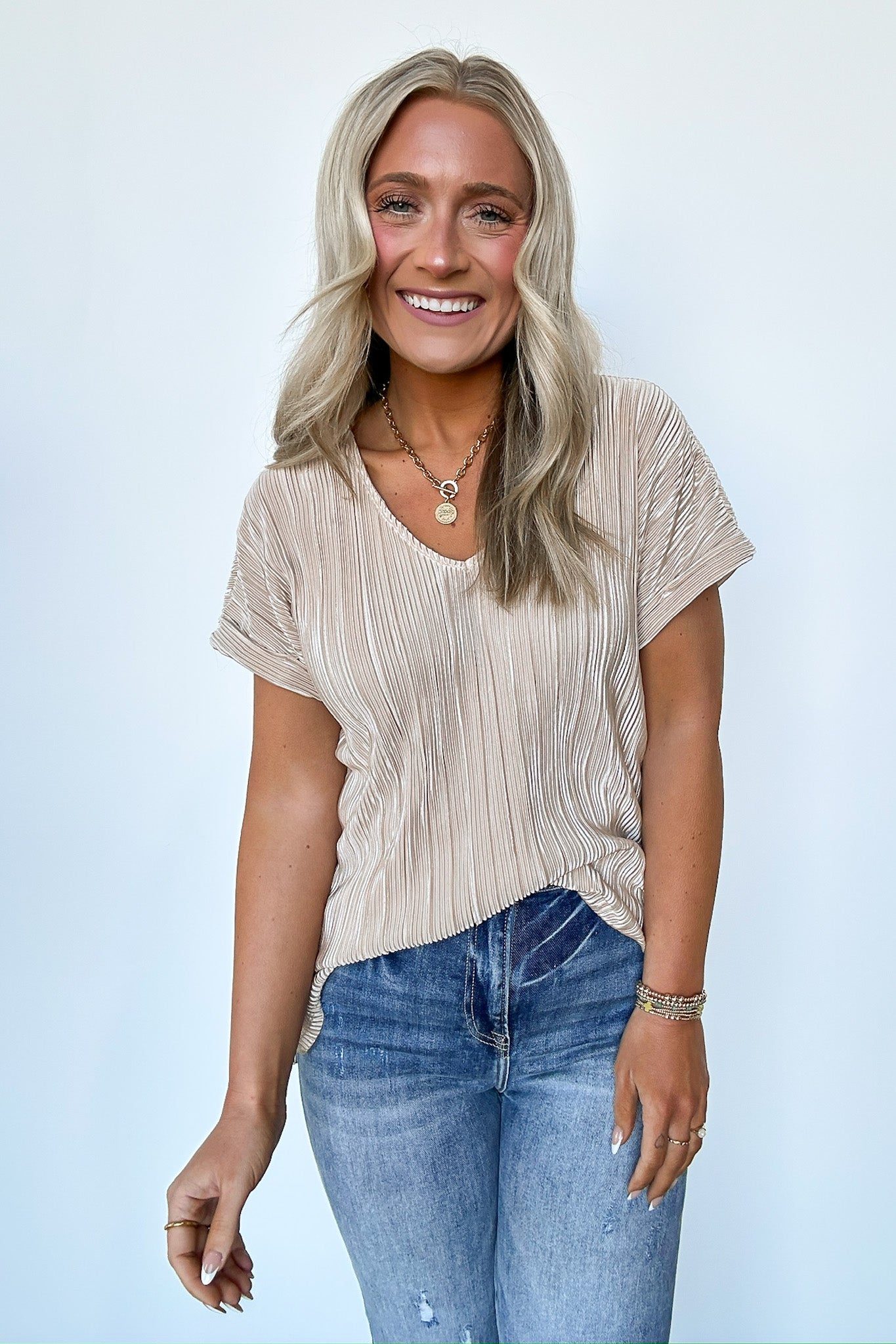 Champange / S Sweet Ease Pleated V-Neck Top - FINAL SALE - Madison and Mallory