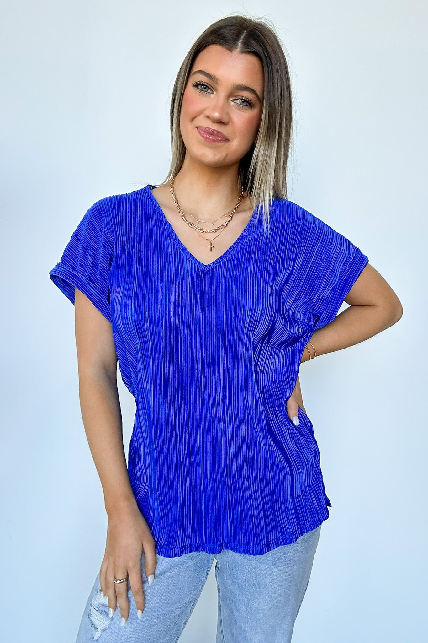 Royal Blue / S Sweet Ease Pleated V-Neck Top - FINAL SALE - Madison and Mallory